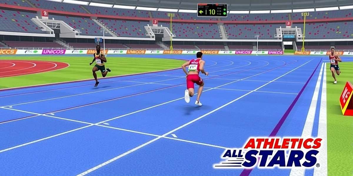 Athletics All Stars gameplay showing a sprint race with Indian athletes with Athletics All Stars watermark